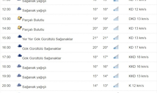 Kastamonu'da Cumartesi Günü Saatlik Hava Durumu (Sağanak Yağış Uyarısı);