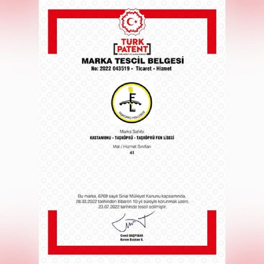Taşköprü Fen Lisesine 2. Marka Tescili;